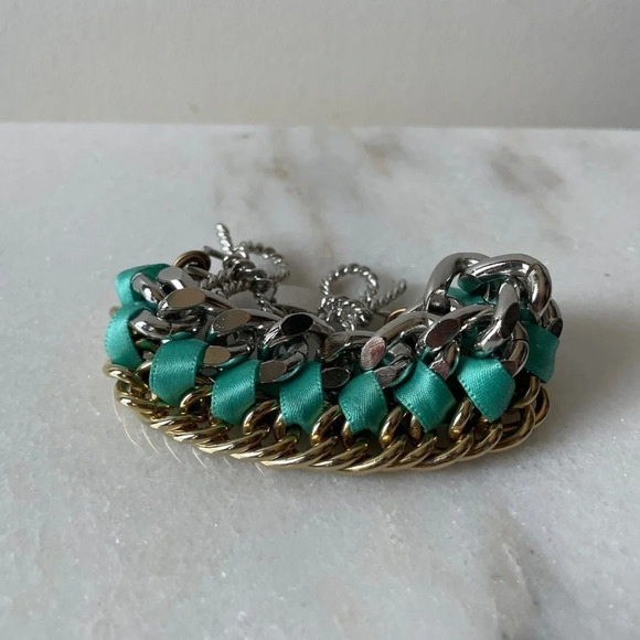 Rachel Leigh chain bracelet  with aqua ribbon‎ - Picture 2 of 6